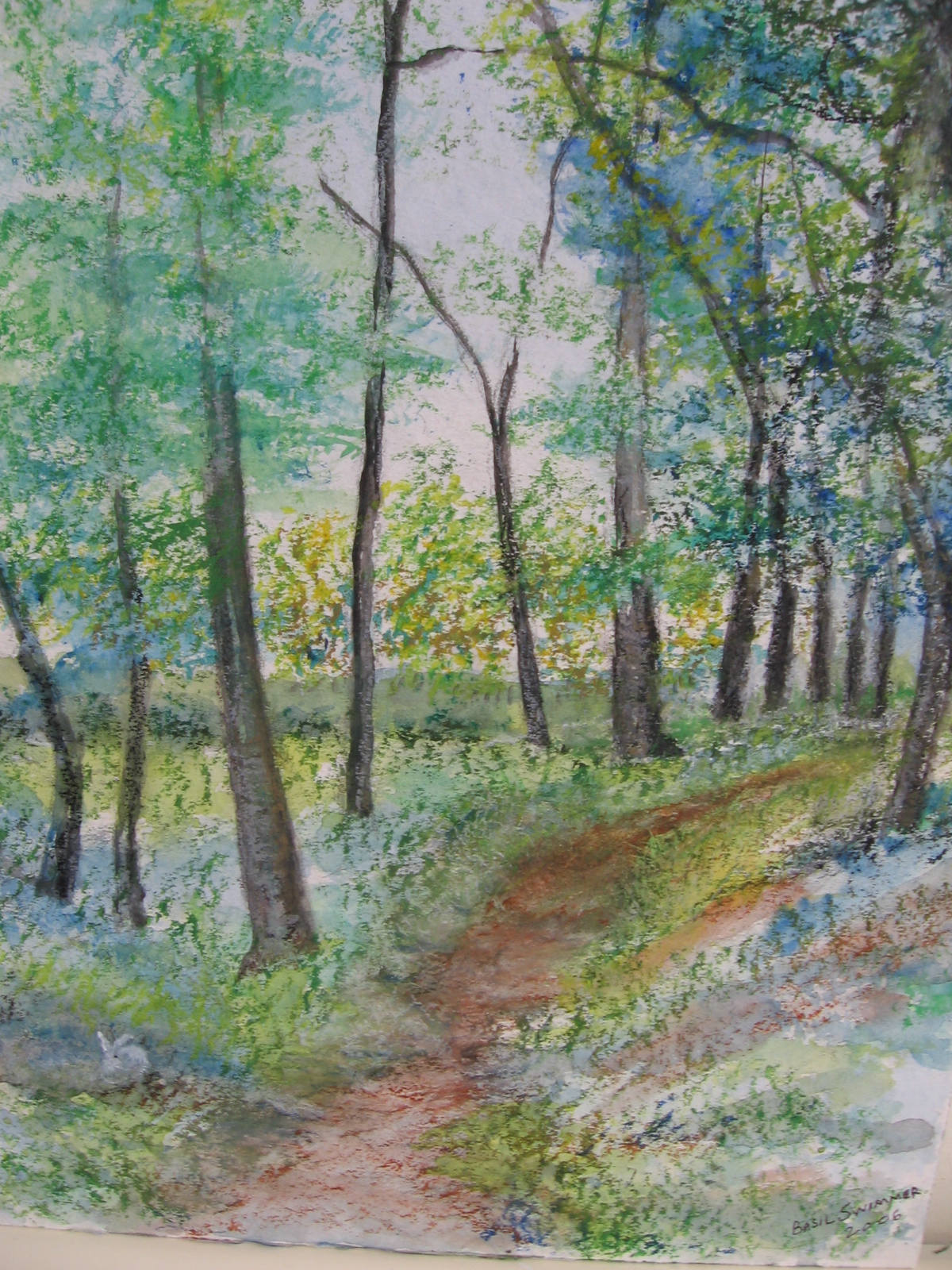 a painting of a path through the woods